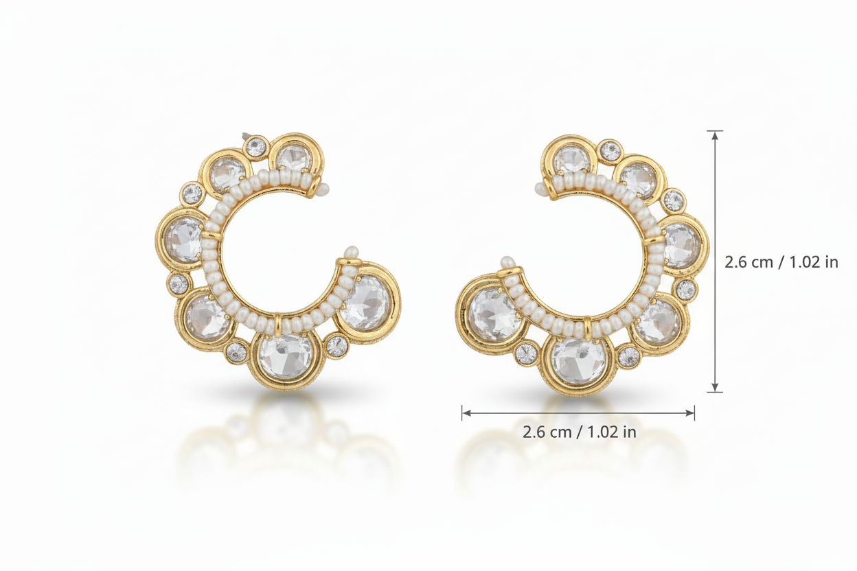 Gold plated stone and pearl half hoop earrings on a white background