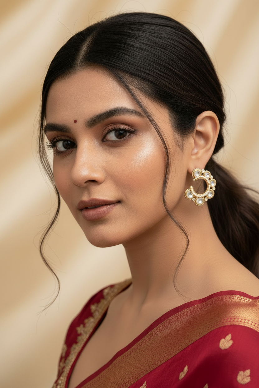 Woman wearing a red saree with gold plated details and traditional indian earrings against a beige background