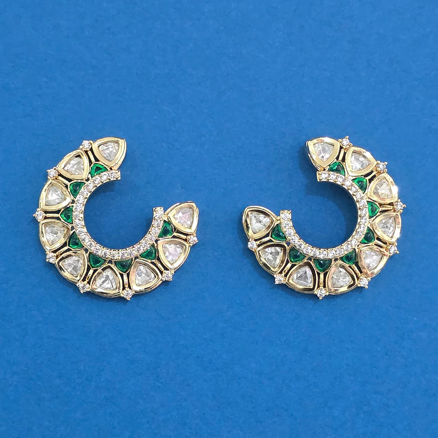 Kundan Chandbali Hoop Earrings Carat Gold with Polki & Color Stone