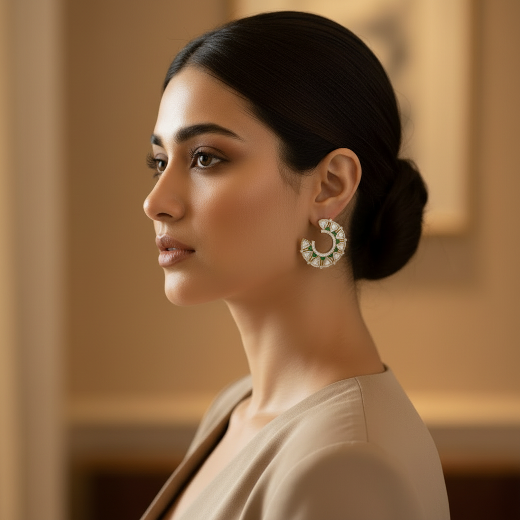 Kundan Chandbali Hoop Earrings Carat Gold with Polki & Color Stone