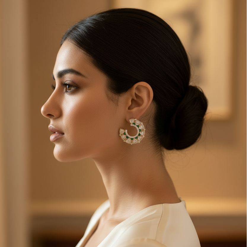 Woman wearing traditional kundan hoop earrings in a softly lit room