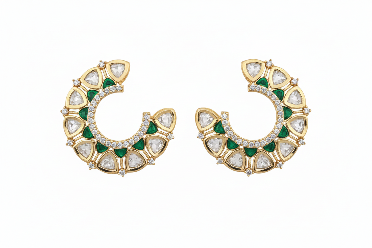Kundan Chandbali Hoop Earrings Carat Gold with Polki & Color Stone