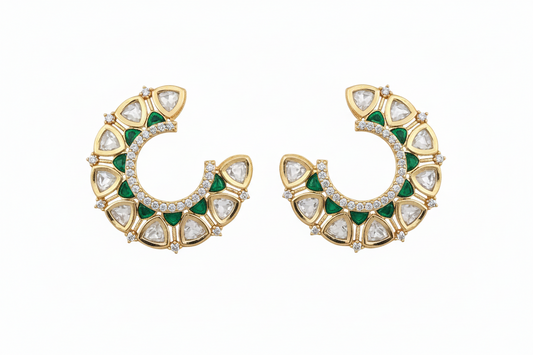 Kundan Chandbali Hoop Earrings Carat Gold with Polki & Color Stone