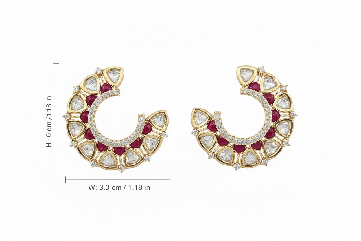 Kundan Chandbali Hoop Earrings Carat Gold with Polki & Color Stone