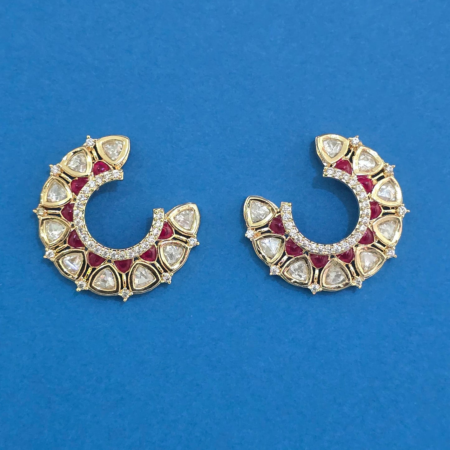 Kundan Chandbali Hoop Earrings Carat Gold with Polki & Color Stone