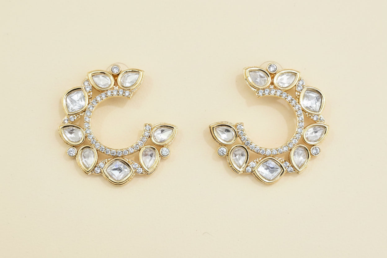 Kundan Polki Mixed Cut Open Hoop Earrings Carat Gold Plating