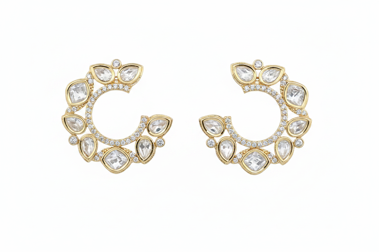 Kundan Polki Mixed Cut Open Hoop Earrings Carat Gold Plating