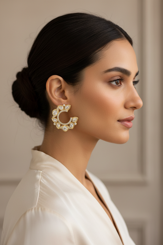 Kundan Polki Mixed Cut Open Hoop Earrings Carat Gold Plating