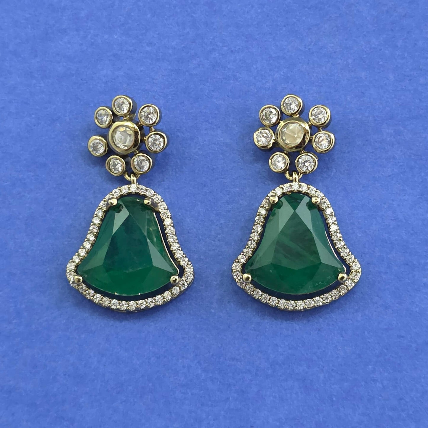 Kundan Classic Flower Top Bell Drop Earrings Mehndi Gold with Color Stone Halo