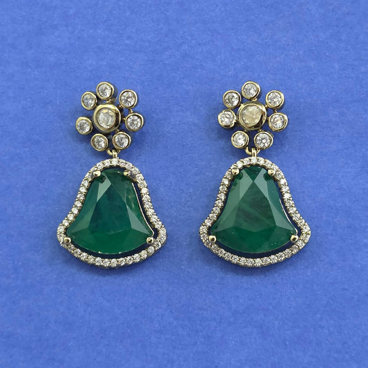 Kundan Classic Flower Top Bell Drop Earrings Mehndi Gold with Color Stone Halo