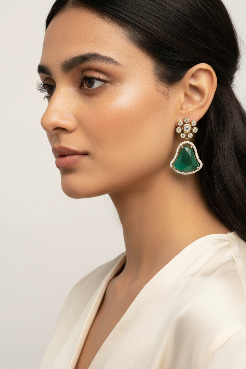 Kundan Classic Flower Top Bell Drop Earrings Mehndi Gold with Color Stone Halo
