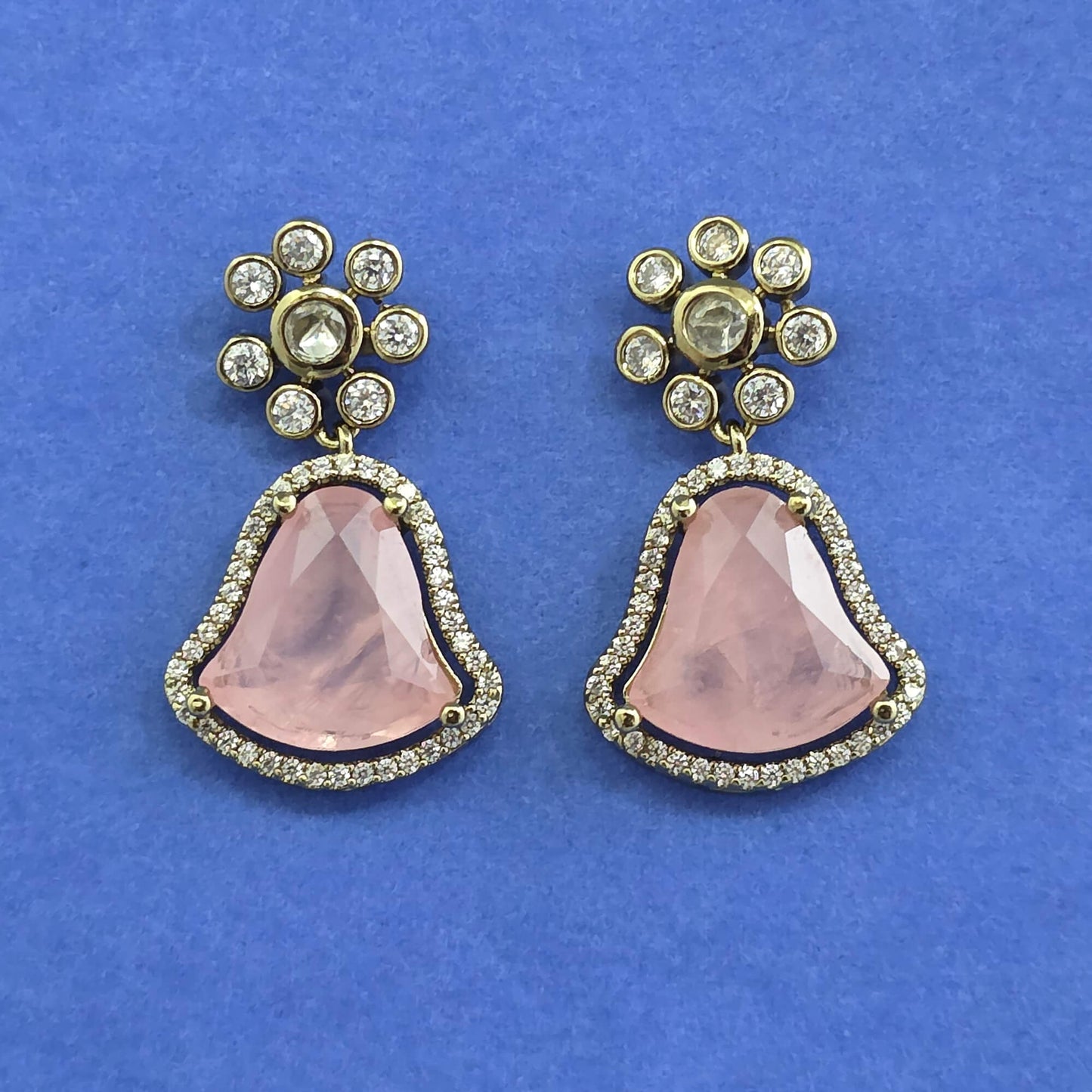 Kundan Classic Flower Top Bell Drop Earrings Mehndi Gold with Color Stone Halo