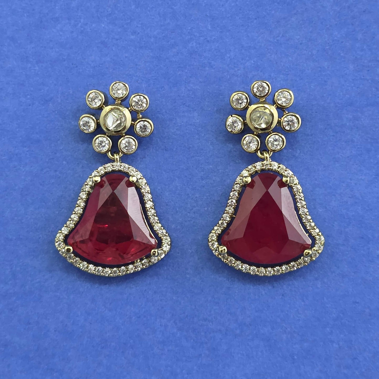 Kundan Classic Flower Top Bell Drop Earrings Mehndi Gold with Color Stone Halo