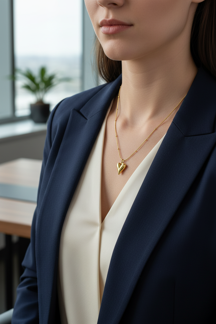 Woman wearing a navy blazer and beige top with a gold necklace featuring a heart pendant, indoors.