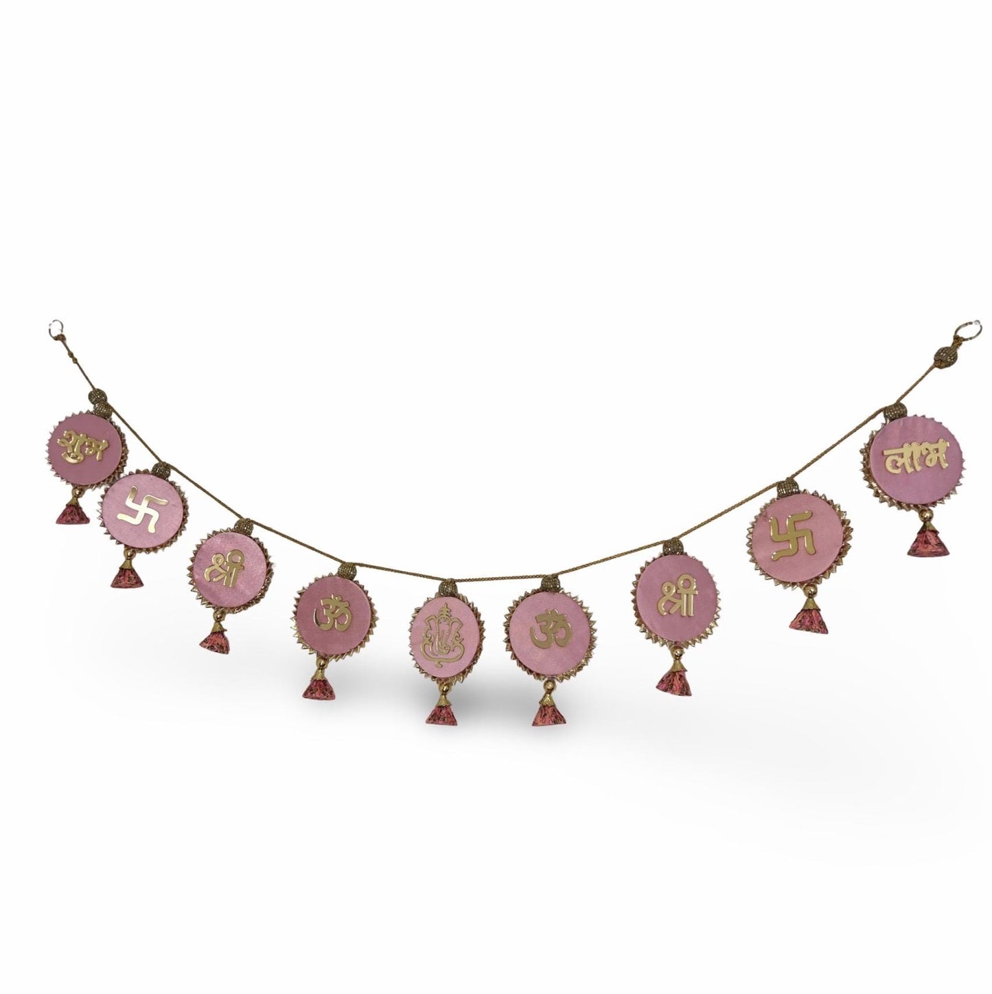 Decorative string with pink circular ornaments and gold accents on a white background