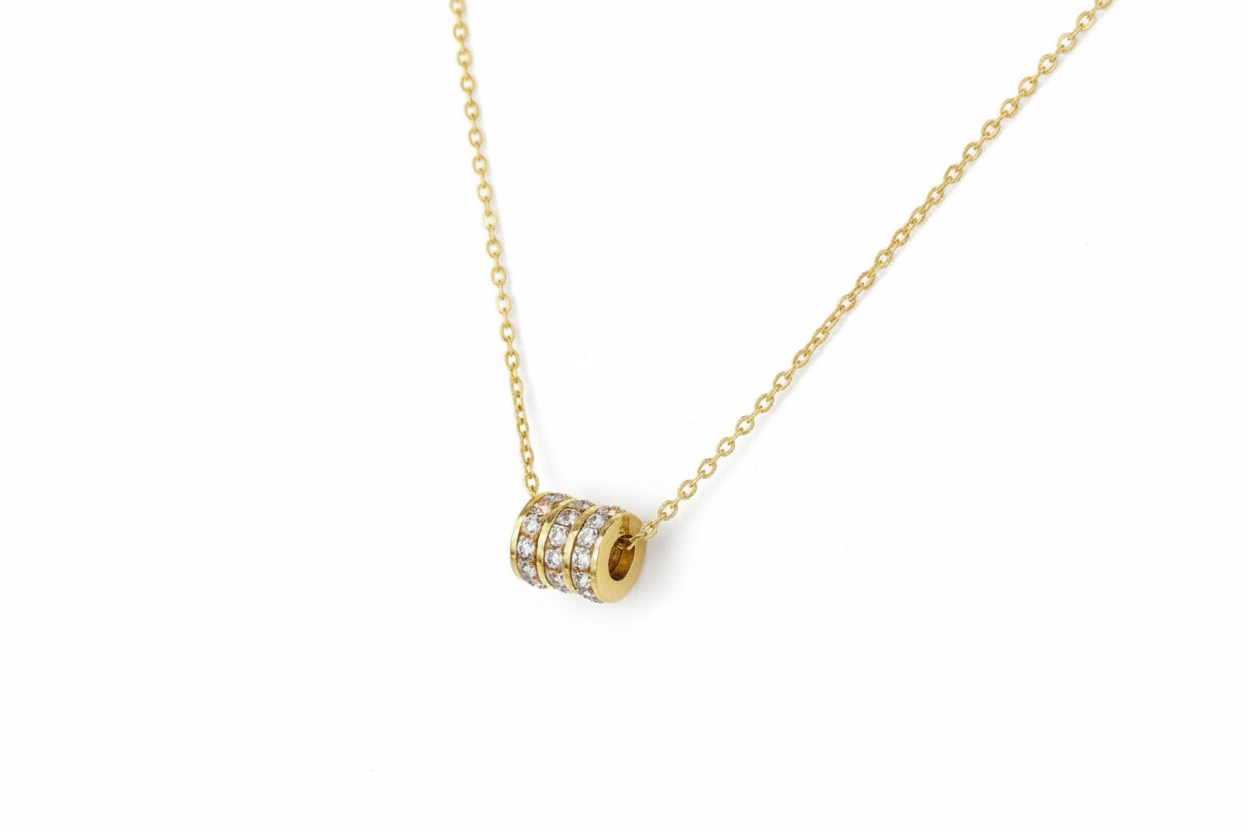 CZ Studded Cylinder Pendant Necklace | 18K Gold Plated