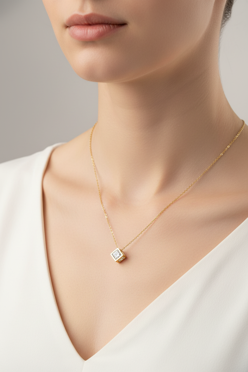 3D Cube Floating CZ Pendant Necklace | 18K Gold Plated