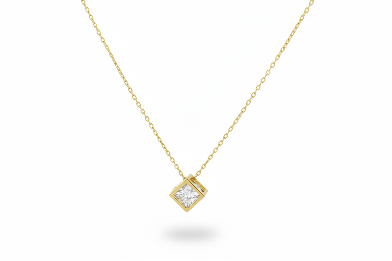 3D Cube Floating CZ Pendant Necklace | 18K Gold Plated