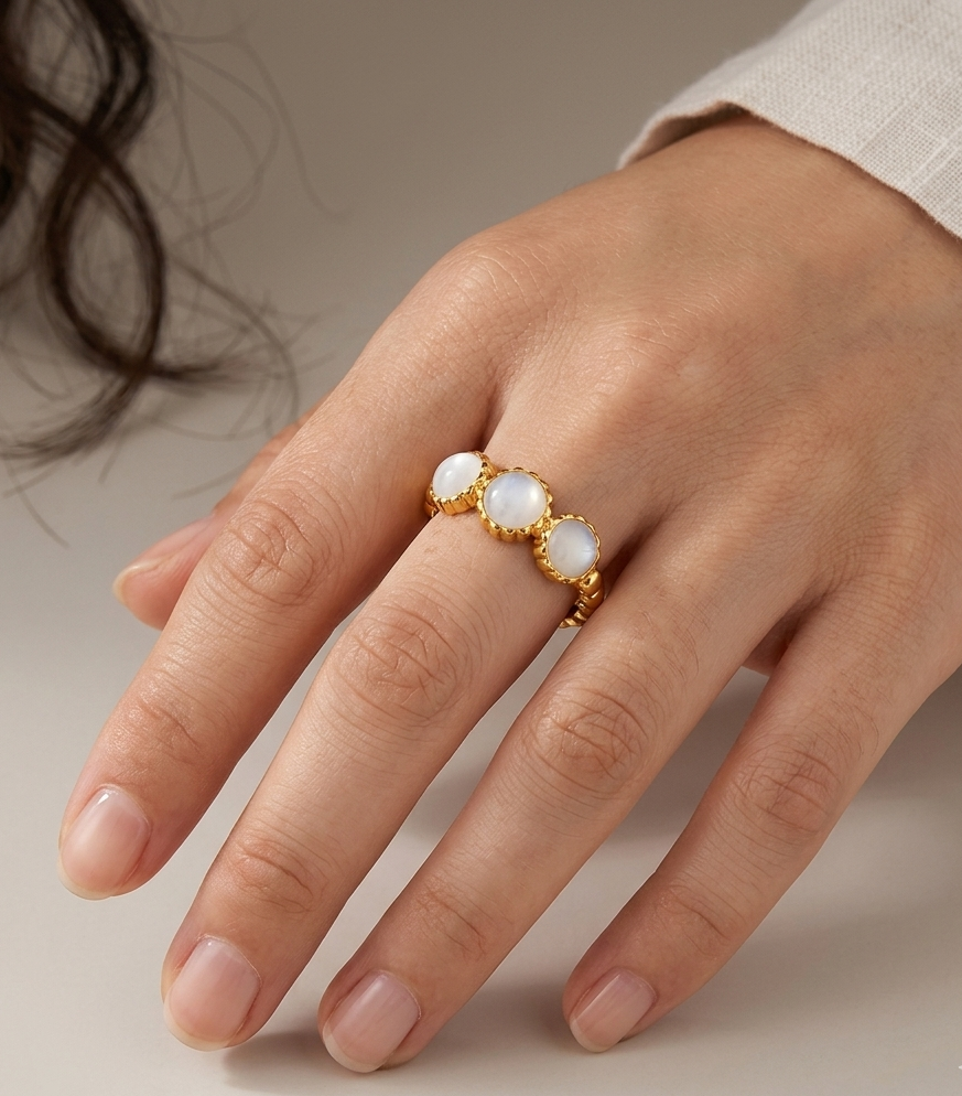 Triple Oval Nacre Cabochon Open Cuff Ring | 18K Gold Plated | Adjustable
