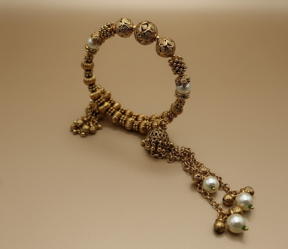 Antique Beaded Bracelet With Jhumka Tassel Drops | Matte Gold Plated Adjustable