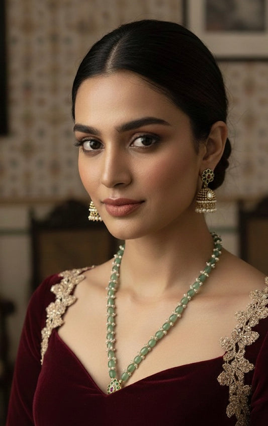 Woman wearing traditional jewelry with a blurred background