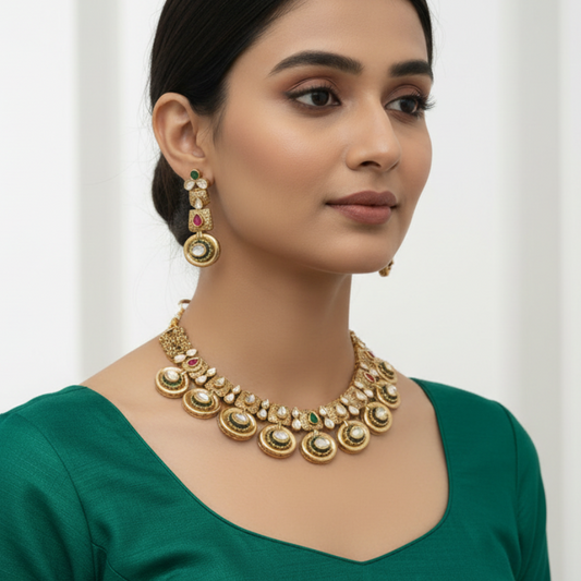 Woman wearing a gold necklace and earrings on a white background