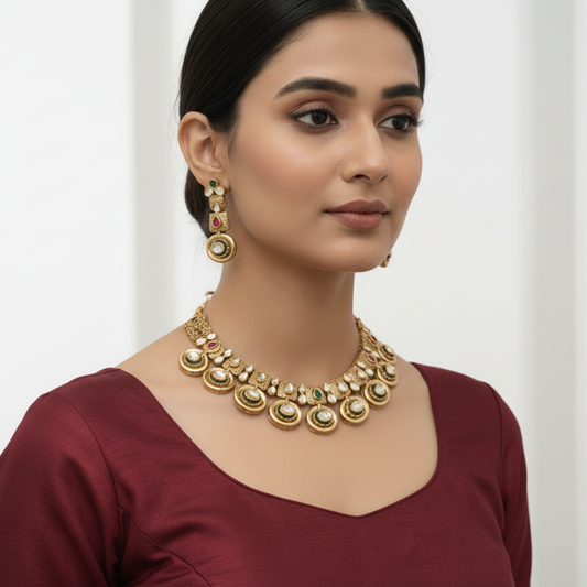 Woman wearing a gold necklace and earrings on a plain background
