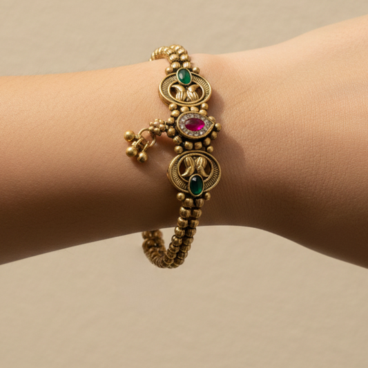 Antique Gold Delicate Floral Motif Bracelet with Ruby & Emerald Stones