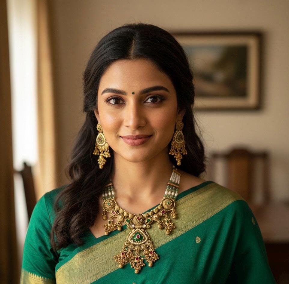 Woman wearing traditional green saree with gold jewelry indoors