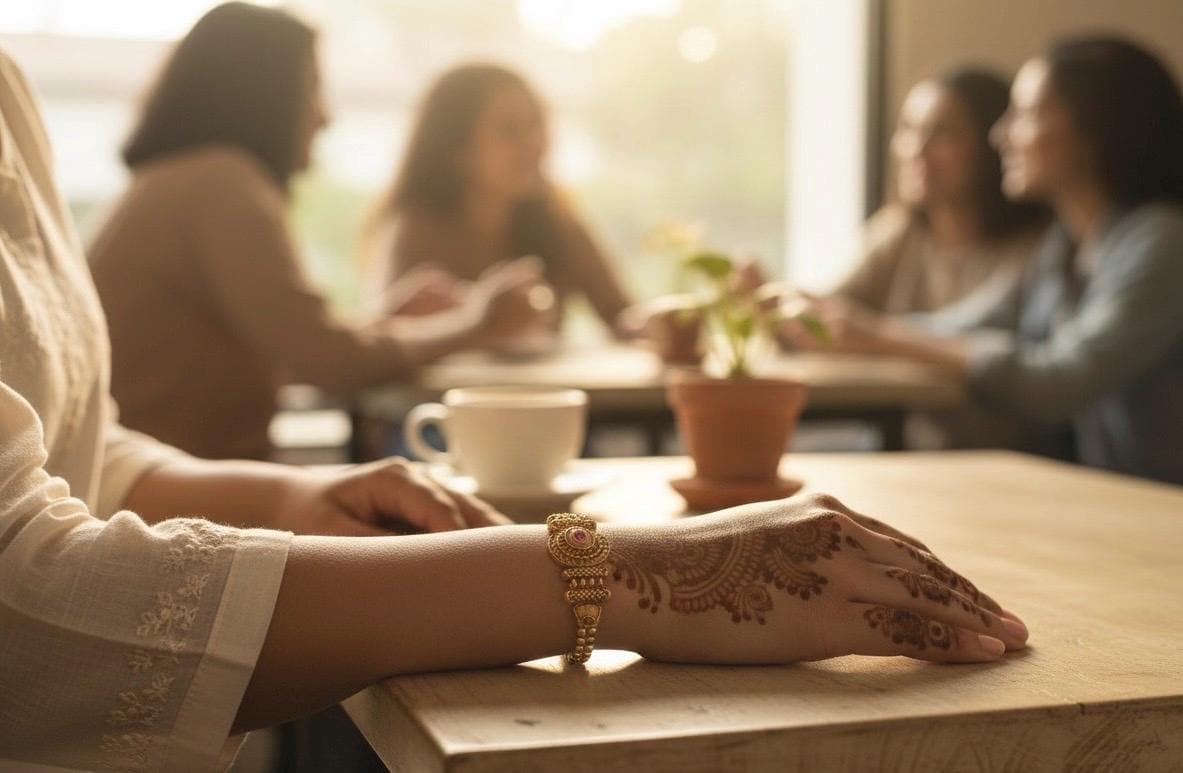 Person with henna on hand at a table with blurred people in the background