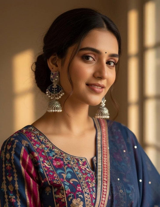 Woman wearing traditional jewelry and a colorful outfit with a warm background