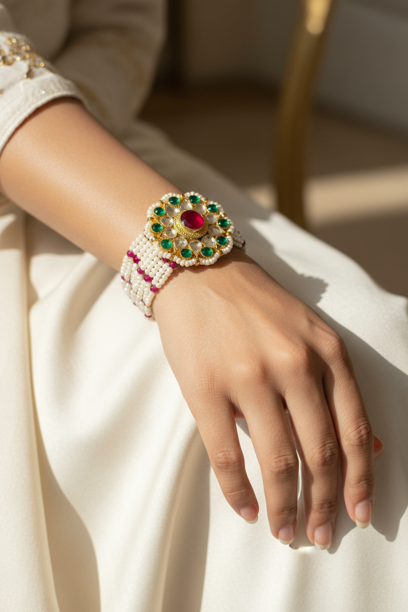 Kundan Floral Bracelet with Pearl Bead Band, Ruby & Emerald Stones