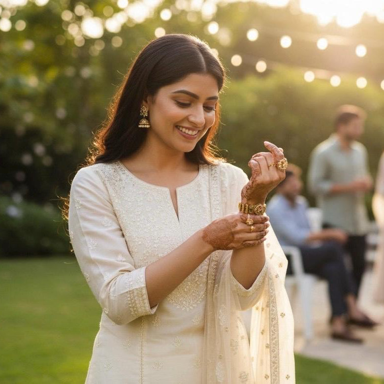 Woman in a white traditional outfit adjusting jewelry outdoors with people in the background