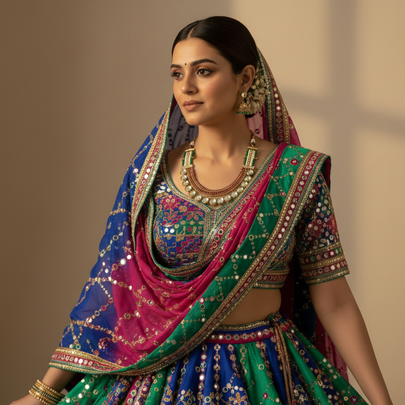 Woman wearing a traditional colorful outfit with embroidery and jewelry against a neutral background