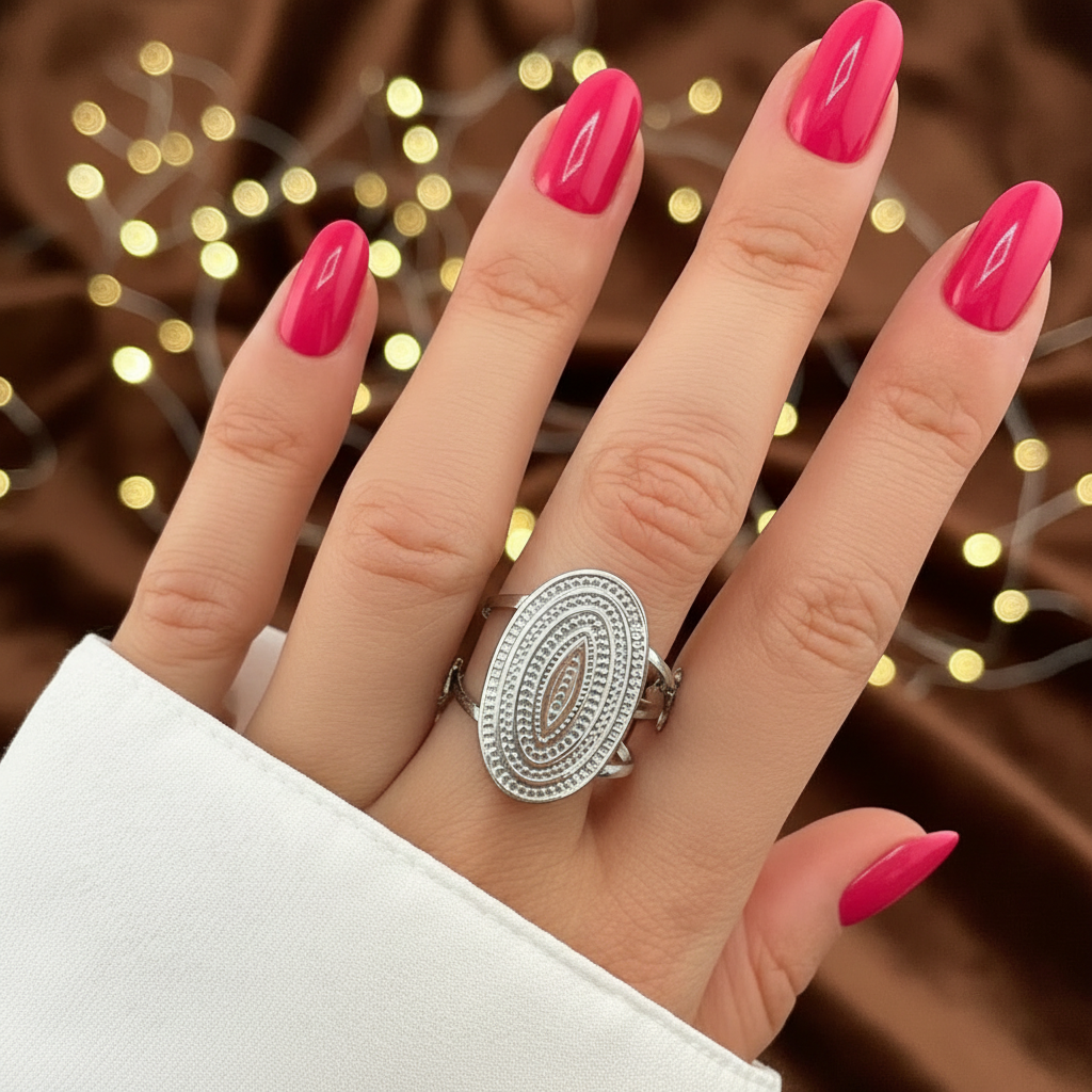Hand wearing a silver ring with pink nail polish against a blurred background
