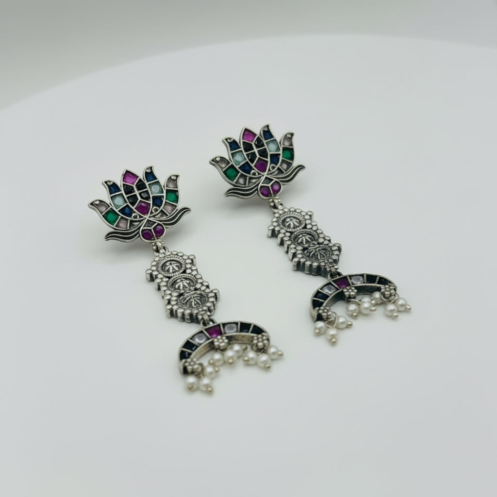 Lotus Temple Earrings with Pearl Drops - Oxidized Silver Chandbali