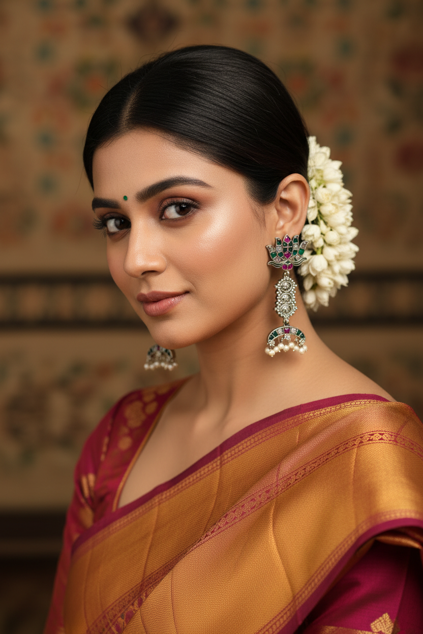 Lotus Temple Earrings with Pearl Drops - Oxidized Silver Chandbali