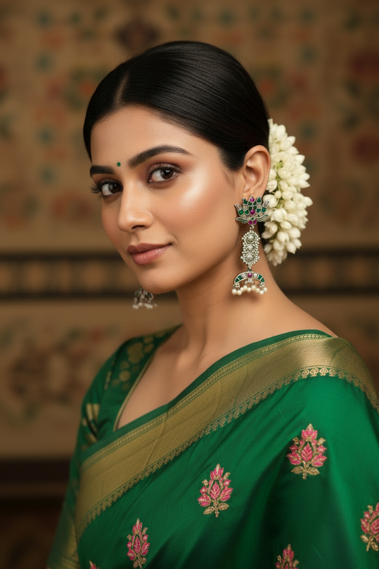 Lotus Temple Earrings with Pearl Drops - Oxidized Silver Chandbali