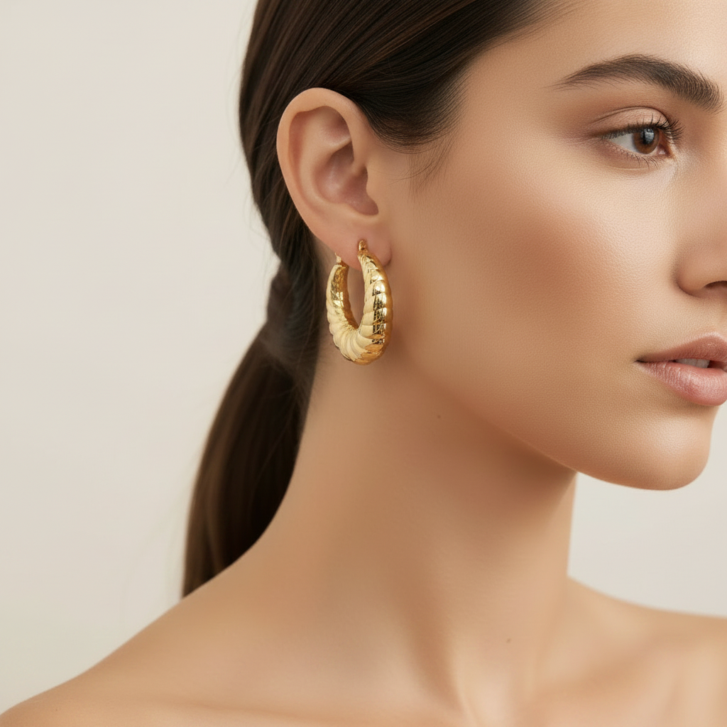 Close-up of a woman wearing gold hoop earrings against a neutral background