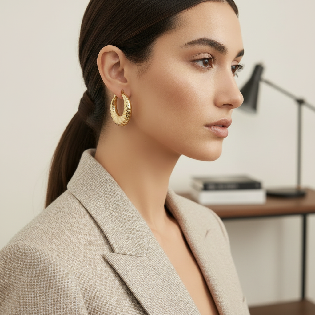 Woman wearing gold hoop earrings with a neutral background