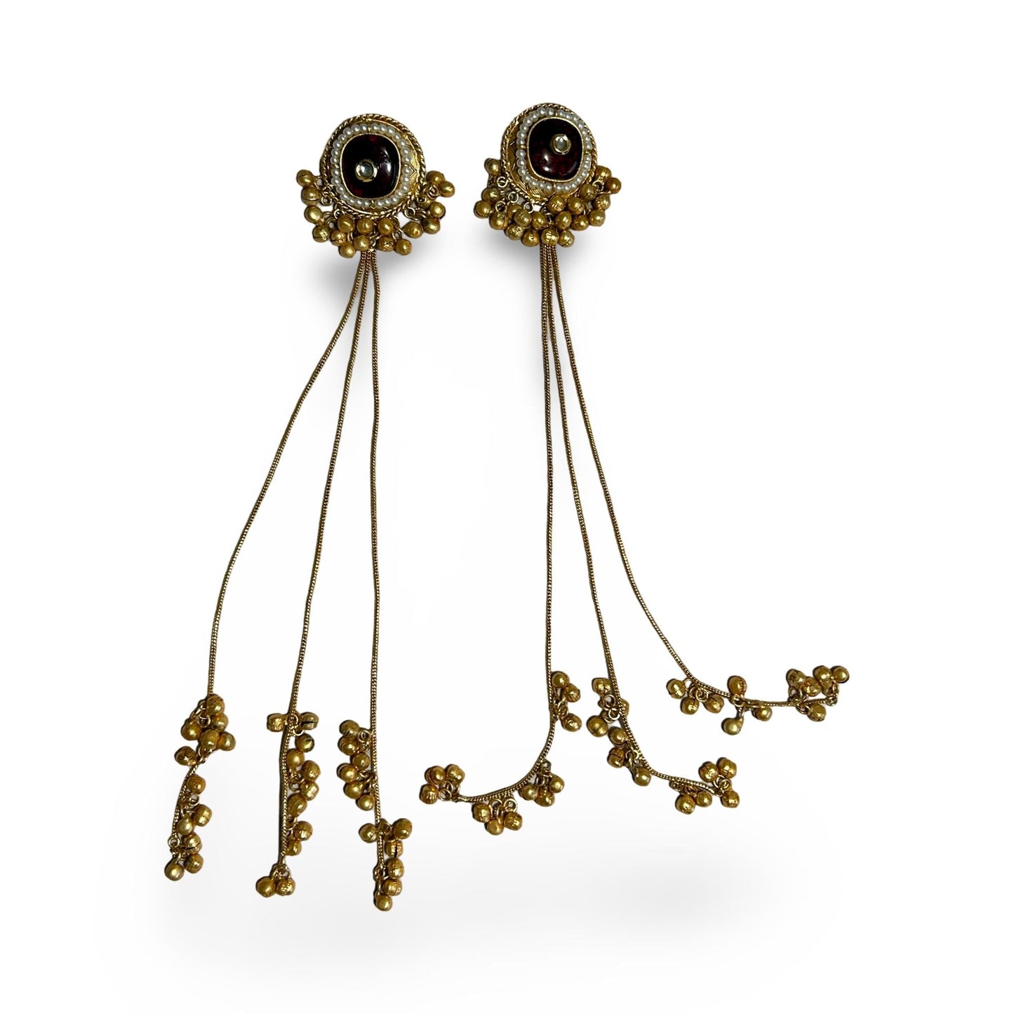 traditional  Kashmiri earrings,Dejhoor earrings,feature a long chain, ghungroo bells, and kundan stone embellishments