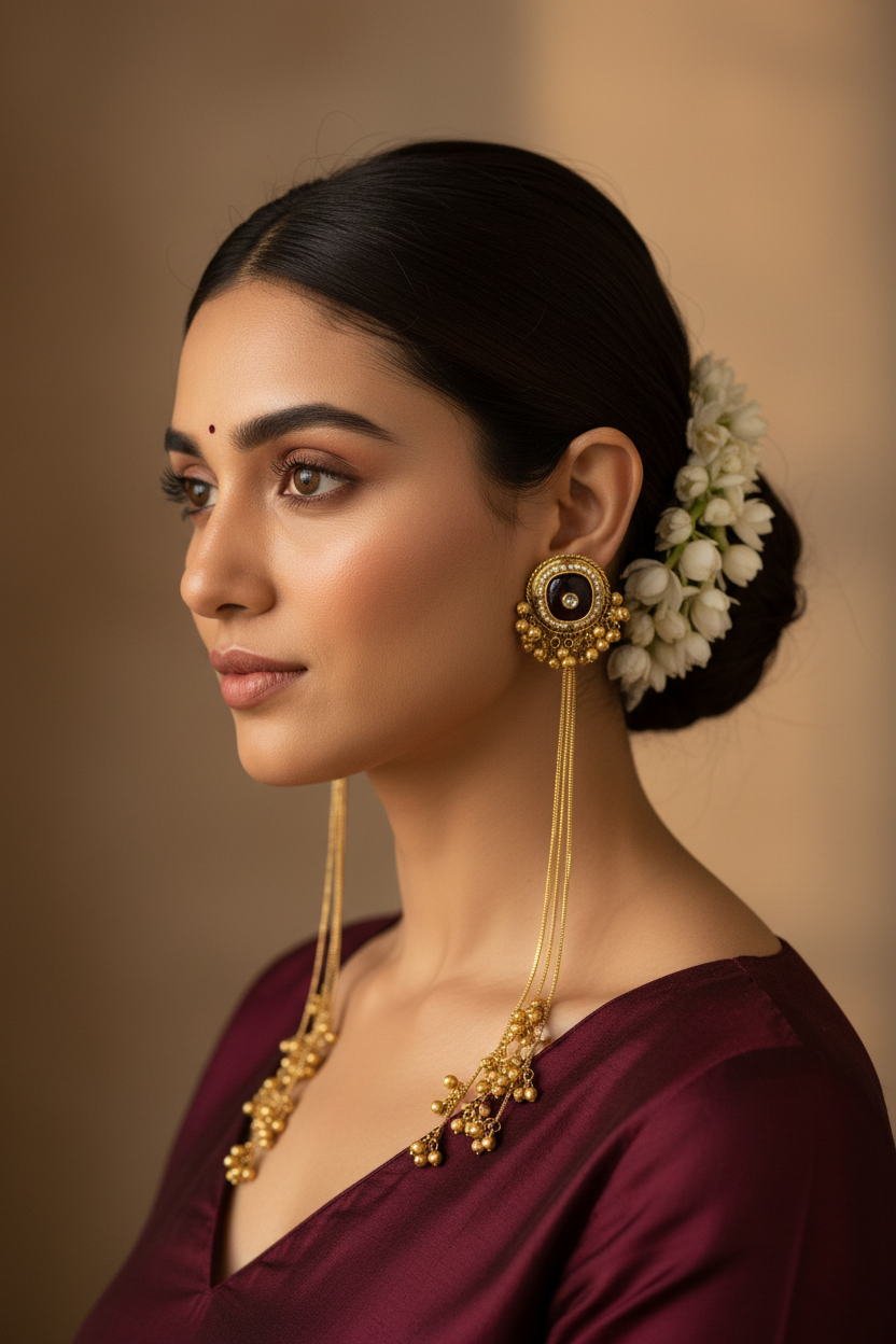 Woman wearing gold earrings and a necklace with a blurred background