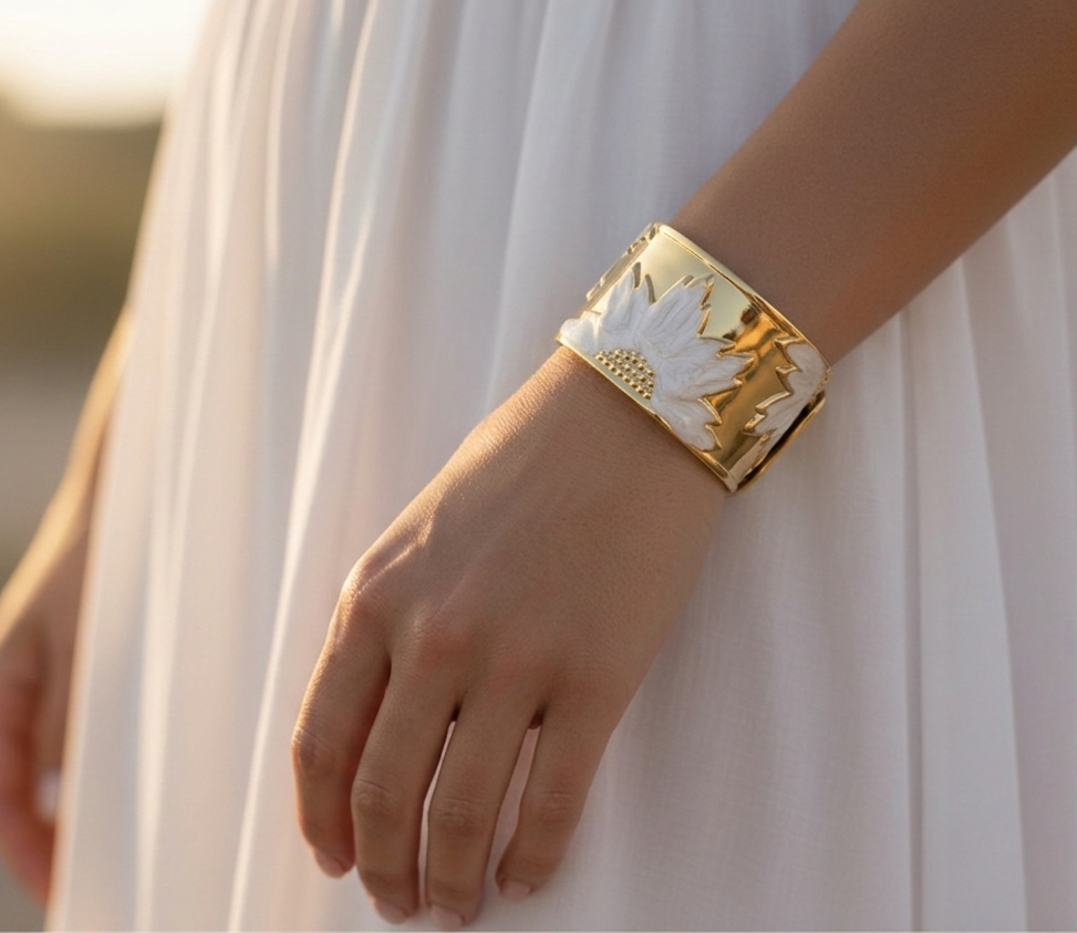 Gold Tone Sunflower Cuff Kada White Enamel Open-Back Bracelet