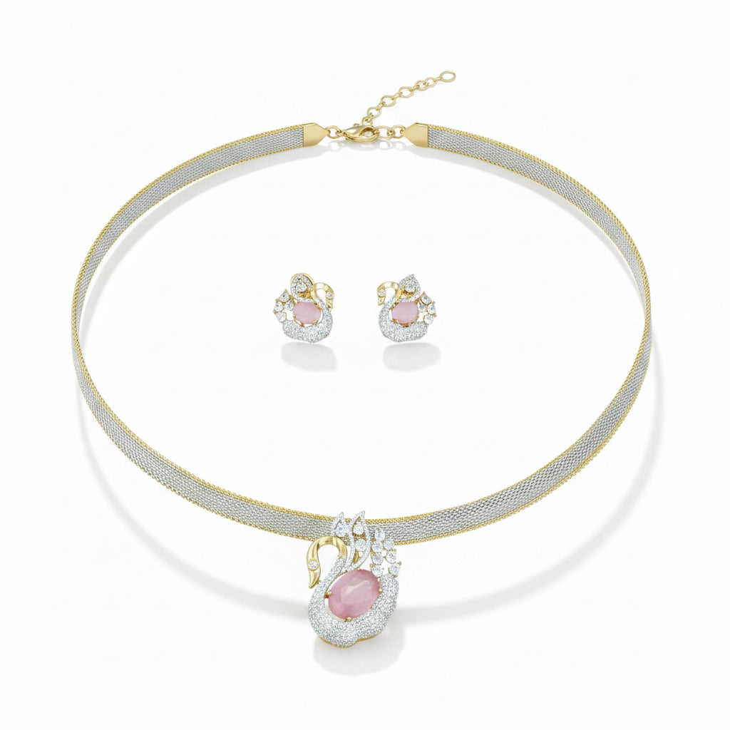 Double Tone CZ Swan Motif Pendant Necklace Set Pave Diamond Mesh Chain with Oval Stone and Matching Earrings