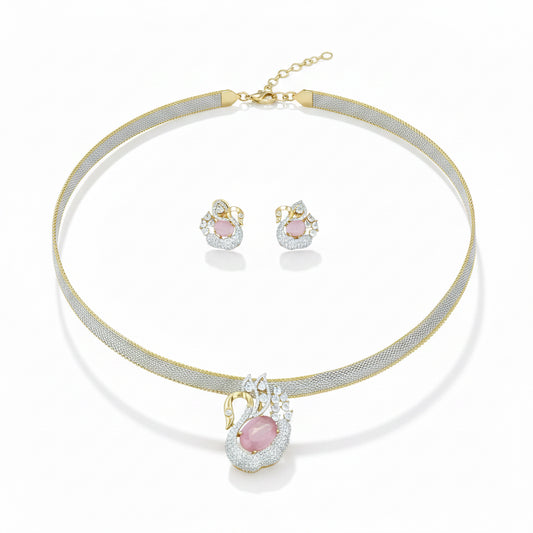 Double Tone CZ Swan Motif Pendant Necklace Set Pave Diamond Mesh Chain with Oval Stone and Matching Earrings