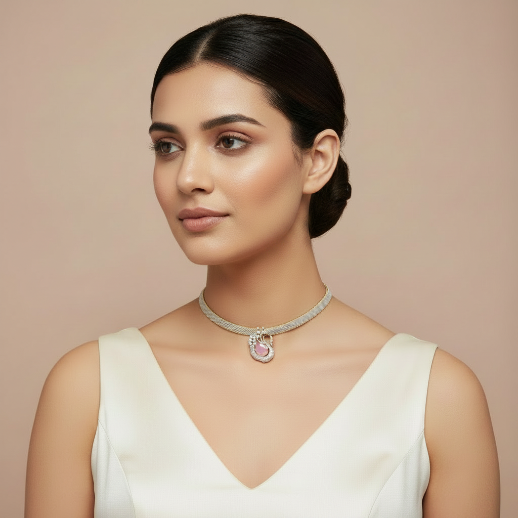Woman wearing a necklace with a pink pendant against a beige background