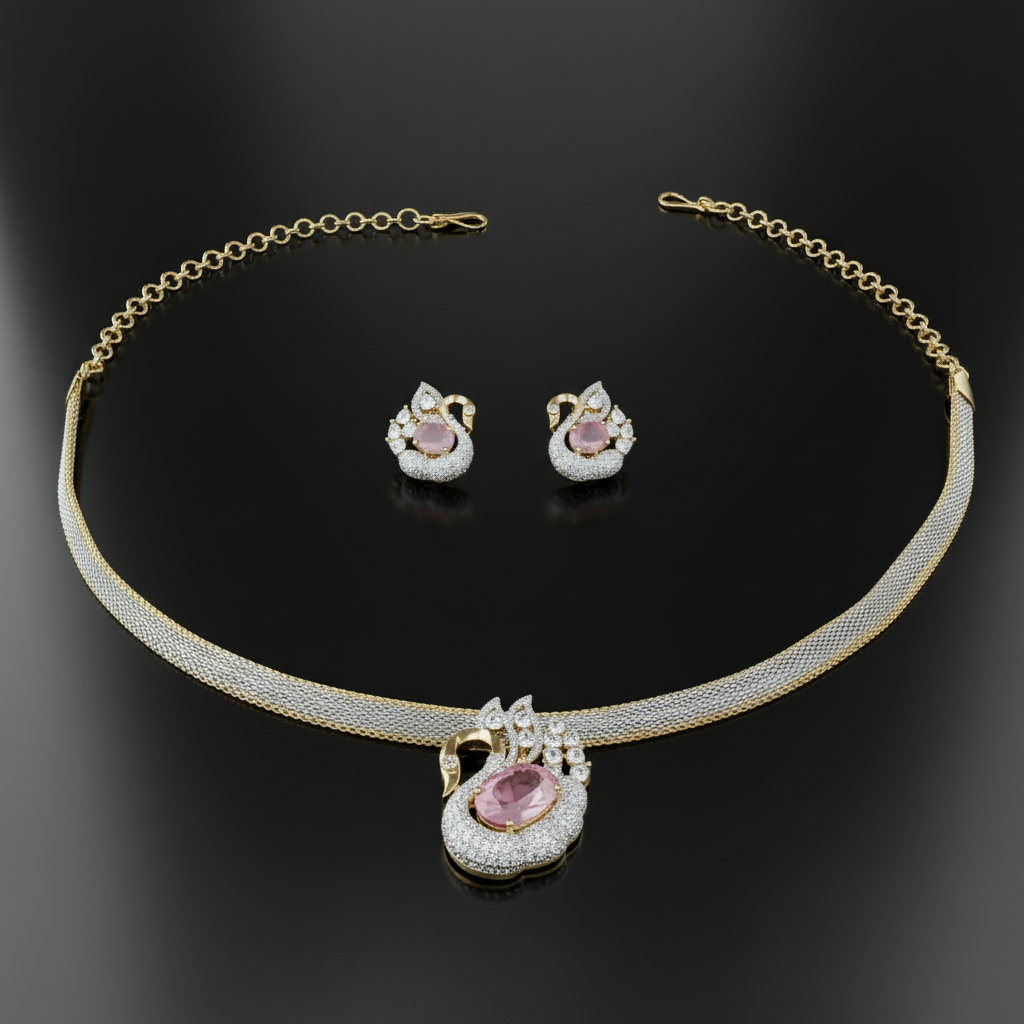 Double Tone CZ Swan Motif Pendant Necklace Set Pave Diamond Mesh Chain with Oval Stone and Matching Earrings