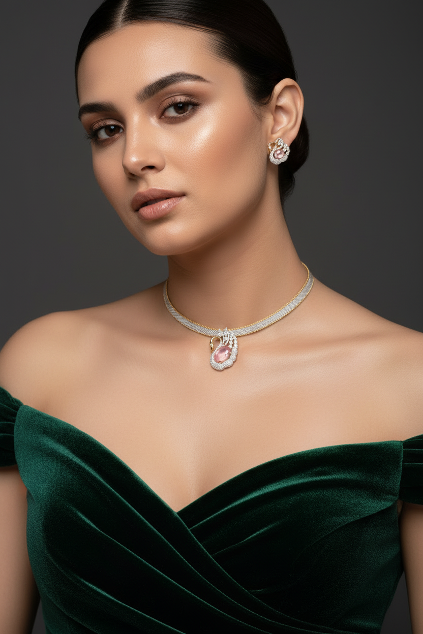Double Tone CZ Swan Motif Pendant Necklace Set Pave Diamond Mesh Chain with Oval Stone and Matching Earrings
