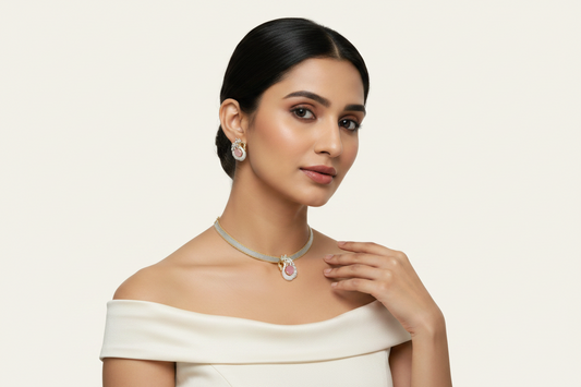 Double Tone CZ Swan Motif Pendant Necklace Set Pave Diamond Mesh Chain with Oval Stone and Matching Earrings