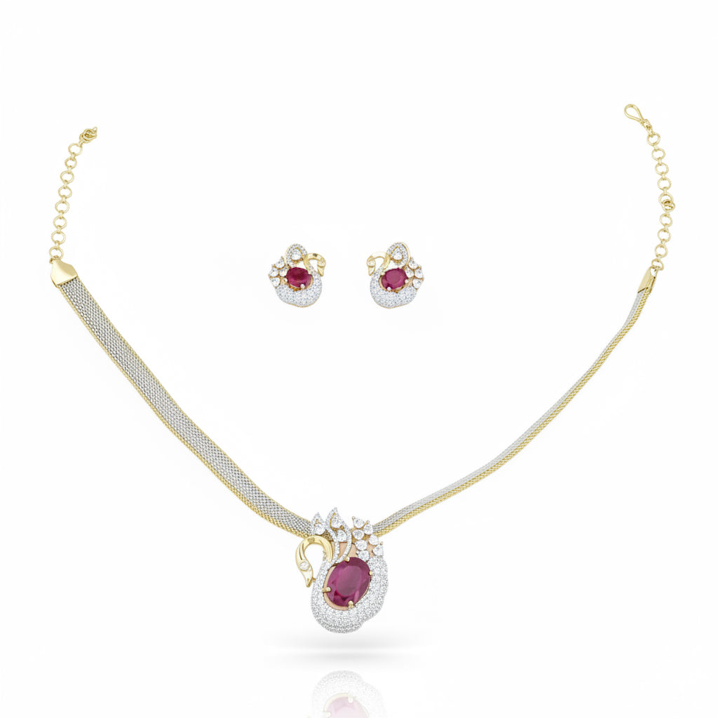 Double Tone CZ Swan Motif Pendant Necklace Set Pave Diamond Mesh Chain with Oval Stone and Matching Earrings